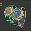 Fashionable Watches With Green And Blue Straps Metallic Dials And Golden Frames Design