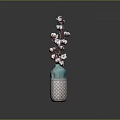 Decorative Cotton Branches Arranged in Blue Patterned Vase for Home Decor