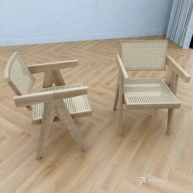 Pair of Wooden Frame Leisure Chairs with Rattan Weave Seat and Back 3d model 