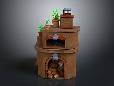 Decorative Multi Layered Brick Structure With Potted Plants Small Birdcage And Fireplace Design 3d model