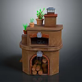 Decorative Multi Layered Brick Structure With Potted Plants Small Birdcage And Fireplace Design 3d model