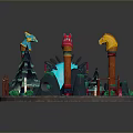 Scenic Landscape With Colorful Torch Like Pillars Green Pine Trees And Lush Grass