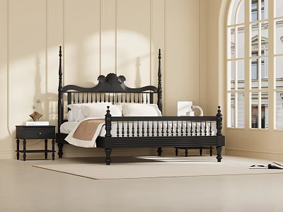 Black Four Poster Double Bed With Carved Headboard In Light Colored Room With Large Window 3d model