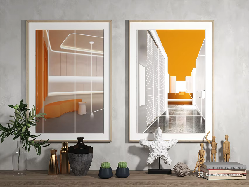 Modern Interior Wall Art Display With Orange Elements And Decorative Items 3d model