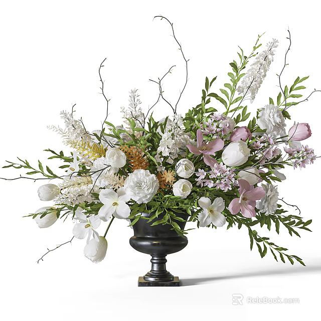 Elegant Flower Arrangement in Black Vase With White Pink Flowers Green Leaves and Decorative Branches 3d model 