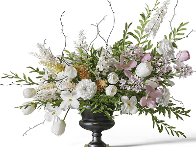 Elegant Flower Arrangement in Black Vase With White Pink Flowers Green Leaves and Decorative Branches 3d model