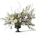 Elegant Flower Arrangement in Black Vase With White Pink Flowers Green Leaves and Decorative Branches