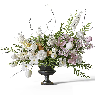 Elegant Flower Arrangement in Black Vase With White Pink Flowers Green Leaves and Decorative Branches 3d model