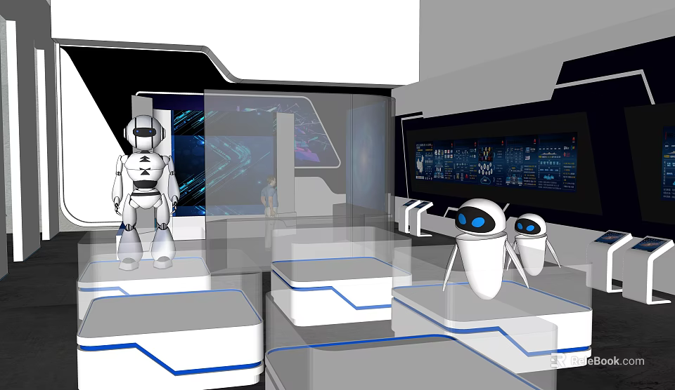 High Tech Futuristic Exhibition Hall Featuring Robots Digital Screens And Modern Platforms 3d model 