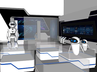 High Tech Futuristic Exhibition Hall Featuring Robots Digital Screens And Modern Platforms 3d model