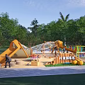 Kids Playground With Orange Climbing Structure Slide Swings Sandpit And Wooden Benches