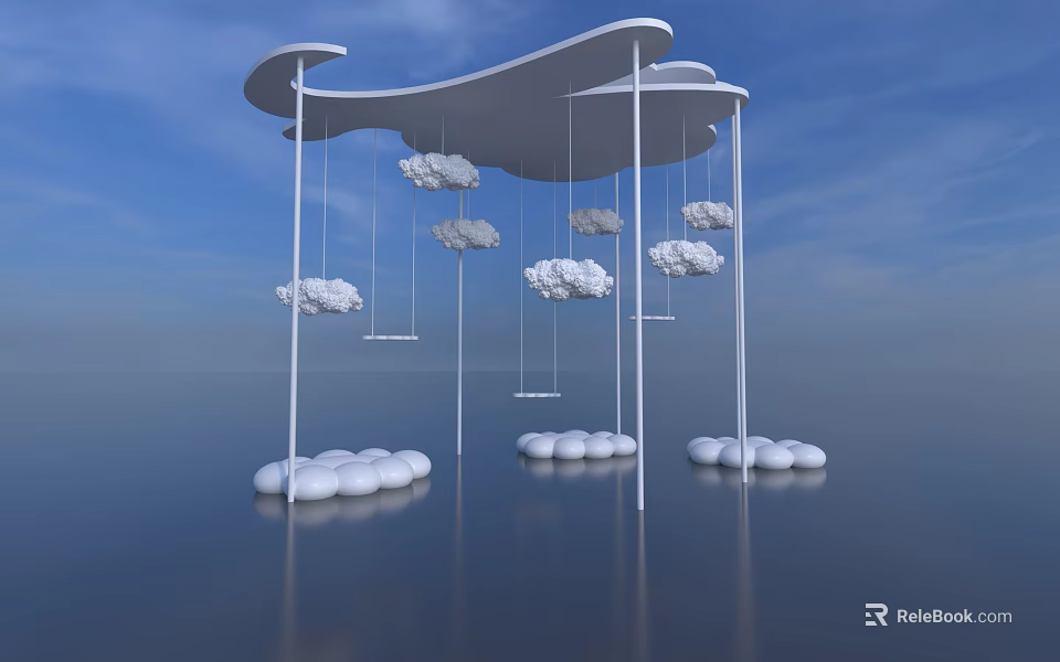 Modern Photo Check in Spot With White Curved Structure Hanging Cloud Decorations And Round Stones 3d model 