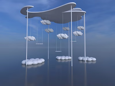 Modern Photo Check in Spot With White Curved Structure Hanging Cloud Decorations And Round Stones 3d model