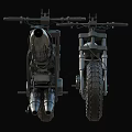 Dark Colored Vintage Motorcycle With Black Seat And Thick Off Road Tires Metallic Body Design