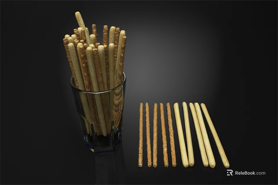 Crispy Breadsticks Displayed in Clear Glass Container with Some Arranged Beside 3d model 