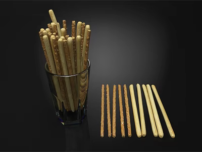 Crispy Breadsticks Displayed in Clear Glass Container with Some Arranged Beside 3d model