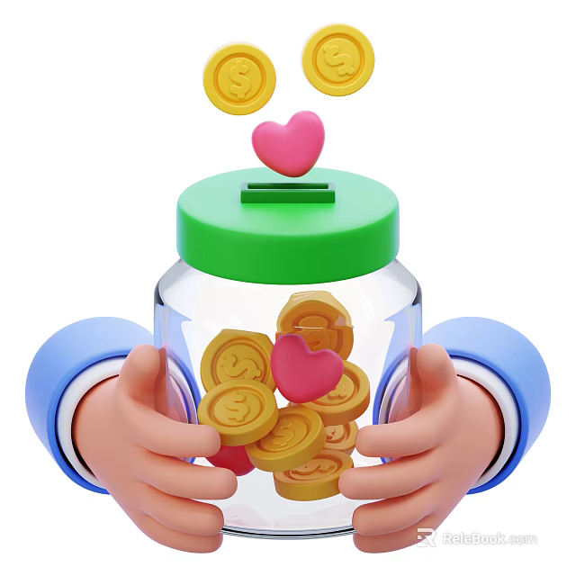 Decorative Ornament Set With Glass Jar Green Lid Gold Coins Heart Shaped Decor In Hands 3d model 