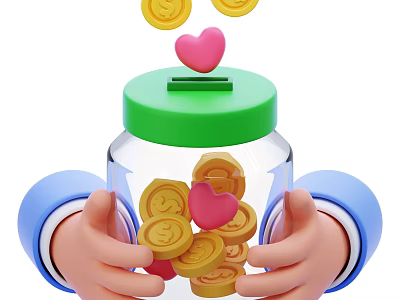 Decorative Ornament Set With Glass Jar Green Lid Gold Coins Heart Shaped Decor In Hands 3d model