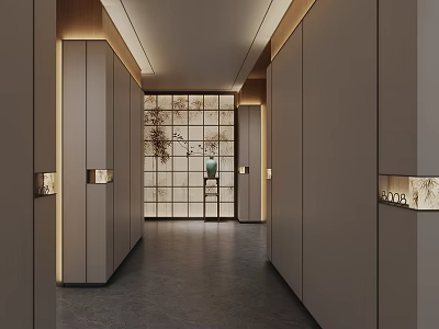 Elegant Modern Hotel Corridor With Side Cabinetry Grid Window And Warm Lighting 3d model