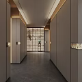 Elegant Modern Hotel Corridor With Side Cabinetry Grid Window And Warm Lighting 3d model