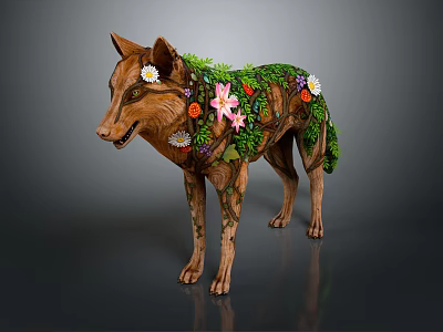 Wolf Sculpture Decorated With Lush Greenery And Various Colorful Flowers Art Piece 3d model