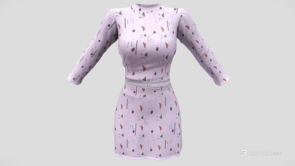 Light Purple Long Sleeve Dress With Colorful Patterns And Waist Belt 3d model 