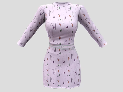 Light Purple Long Sleeve Dress With Colorful Patterns And Waist Belt 3d model