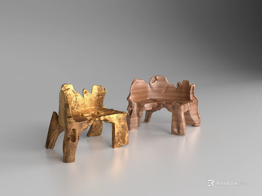 Golden And Wooden Single Chairs With Unique Sculpted Design In Minimalist Setting 3d model 