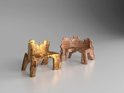 Golden And Wooden Single Chairs With Unique Sculpted Design In Minimalist Setting 3d model
