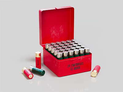 Open Red Metal Box Full of Firearm Bullets with Loose Cartridges Beside 3d model