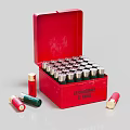 Open Red Metal Box Full of Firearm Bullets with Loose Cartridges Beside