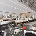 Elegant Restaurant Interior With Tableware Display Shelves Fresh Fruits Warm Lighting And Polished Countertops