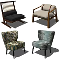Various Modern Accent Chairs with Wooden Frames and Patterned Fabric Designs 3d model