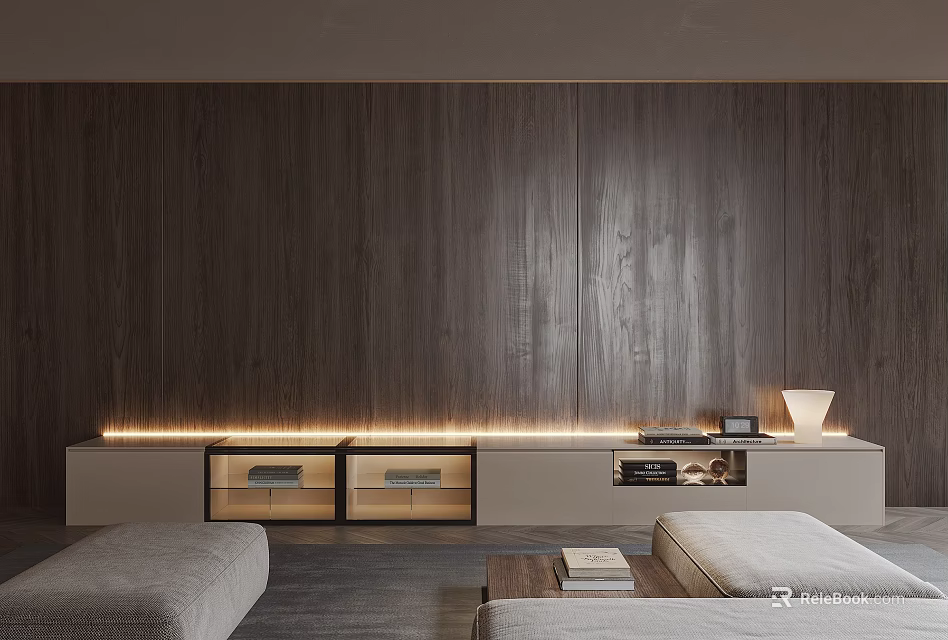 Modern TV Stand Design Against Dark Wooden Wall With LED Lighting And Storage 3d model 