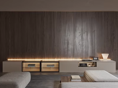 Modern TV Stand Design Against Dark Wooden Wall With LED Lighting And Storage 3d model