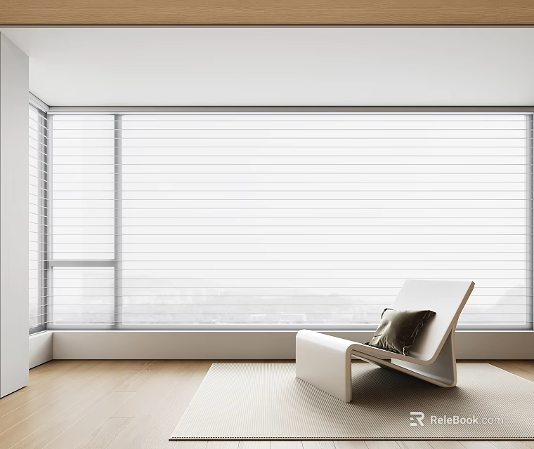 Modern Interior With White Venetian Blinds Spacious Window White Lounge Chair And Light Wooden Flooring 3d model 