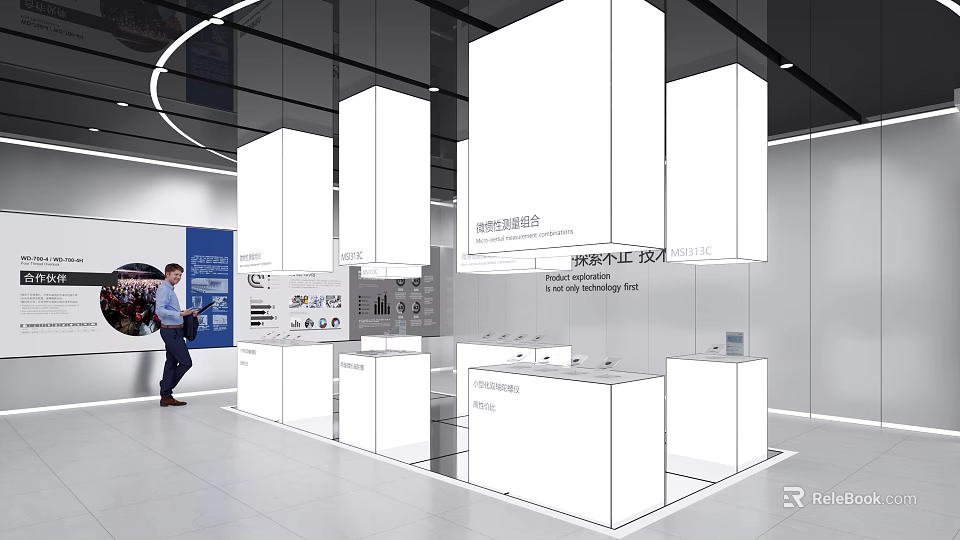 Modern Exhibition Hall Interior With White Display Stands Blue Boards And Glass Cases 3d model 
