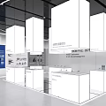 Modern Exhibition Hall Interior With White Display Stands Blue Boards And Glass Cases