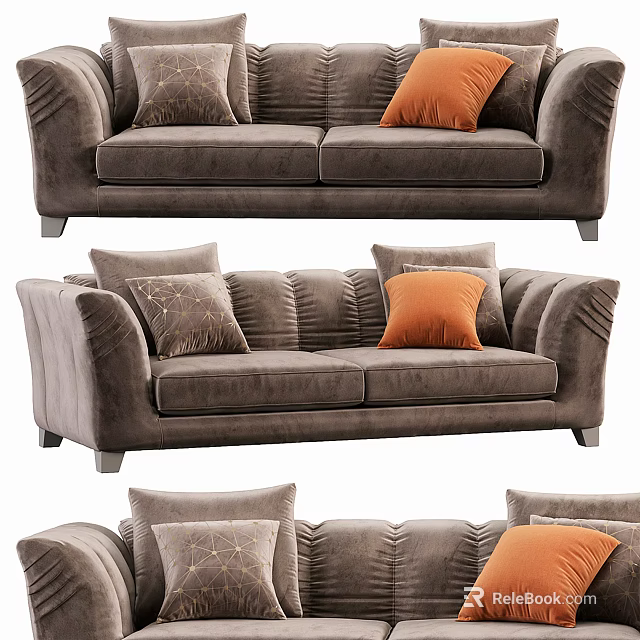 Elegant Brown Three Seater Sofa With Decorative Pillows And Orange Cushion 3d model 