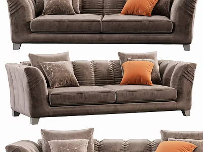 Elegant Brown Three Seater Sofa With Decorative Pillows And Orange Cushion 3d model