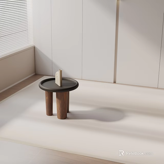 Minimalist Side Table With Wooden Legs And Black Round Top In Living Room Corner 3d model 