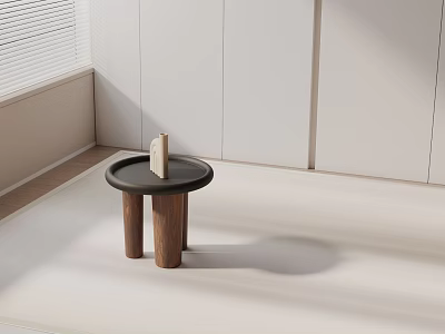 Minimalist Side Table With Wooden Legs And Black Round Top In Living Room Corner 3d model
