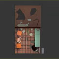 Cartoon Laundry Room Scene With Orange Wooden Walls Green Washing Machine And Orange Chairs