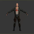 Man In Black Leather Jacket Red T-Shirt White Logo Brown Pants Black Boots Arms Outstretched