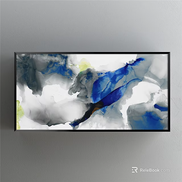 Contemporary Abstract Painting With Blue Gray White Yellow Hues And Black Frame 3d model 