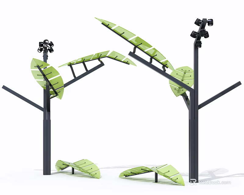 Tree Shaped Outdoor Lights With Green Leaf Panels And Black Lamp Heads 3d model 