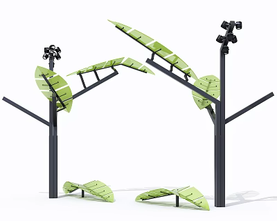 Tree Shaped Outdoor Lights With Green Leaf Panels And Black Lamp Heads 3d model