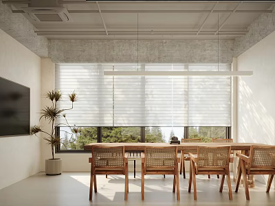 Modern Meeting Room Interior Design With Wooden Table Chairs Large Windows And Hanging Lights 3d model