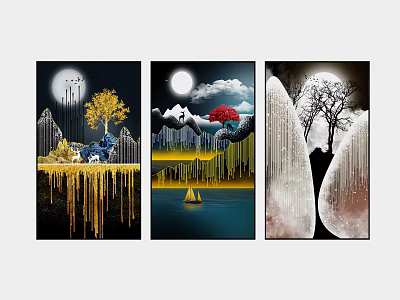Modern Wall Art Paintings With Moon Mountains Trees Dripping Elements And Small Boat 3d model
