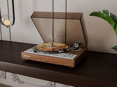 Turntable Audio System With Wooden Base Transparent Cover And Golden Record On Dark Table 3d model